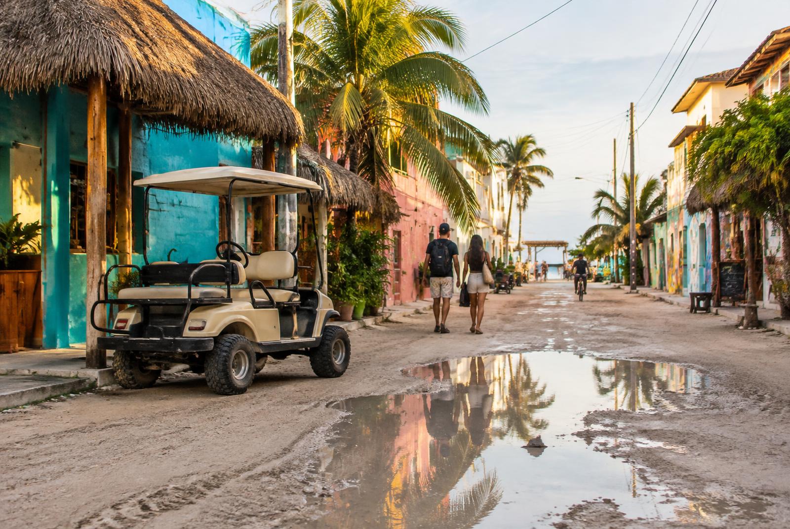 Calle de arena con casas de colores, palmeras y un carrito de golf al final de la tarde