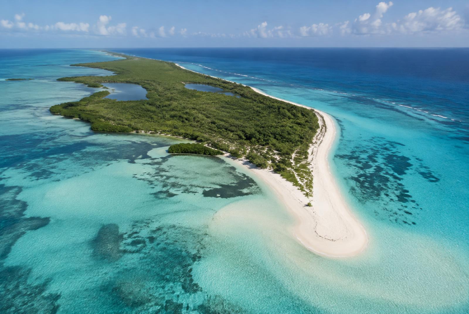 Vista aérea de una isla caribeña estrecha, con manglar, arena blanca y agua turquesa
